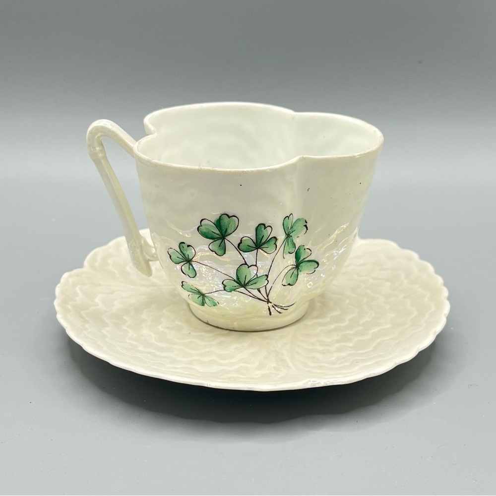 EMERALD ISLE Bone China Clover SOUVENIR Cup Saucer Set Lustre LusterWare Vintage